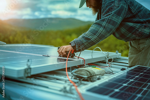 A male worker is working on the roof installing photovoltaic panels © Helge Kerler