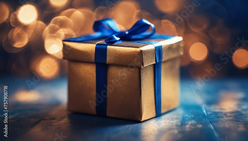 Gold gift box decorated with blue ribbons on a background of bokeh lights, AI generated.