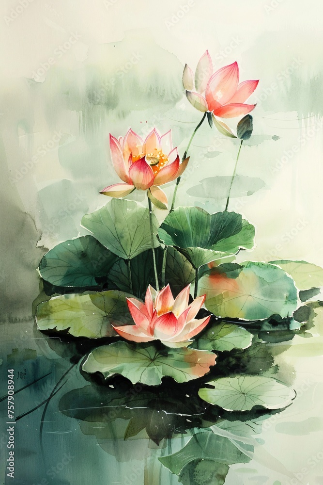 Watercolor lotus flowers painting, Generative AI