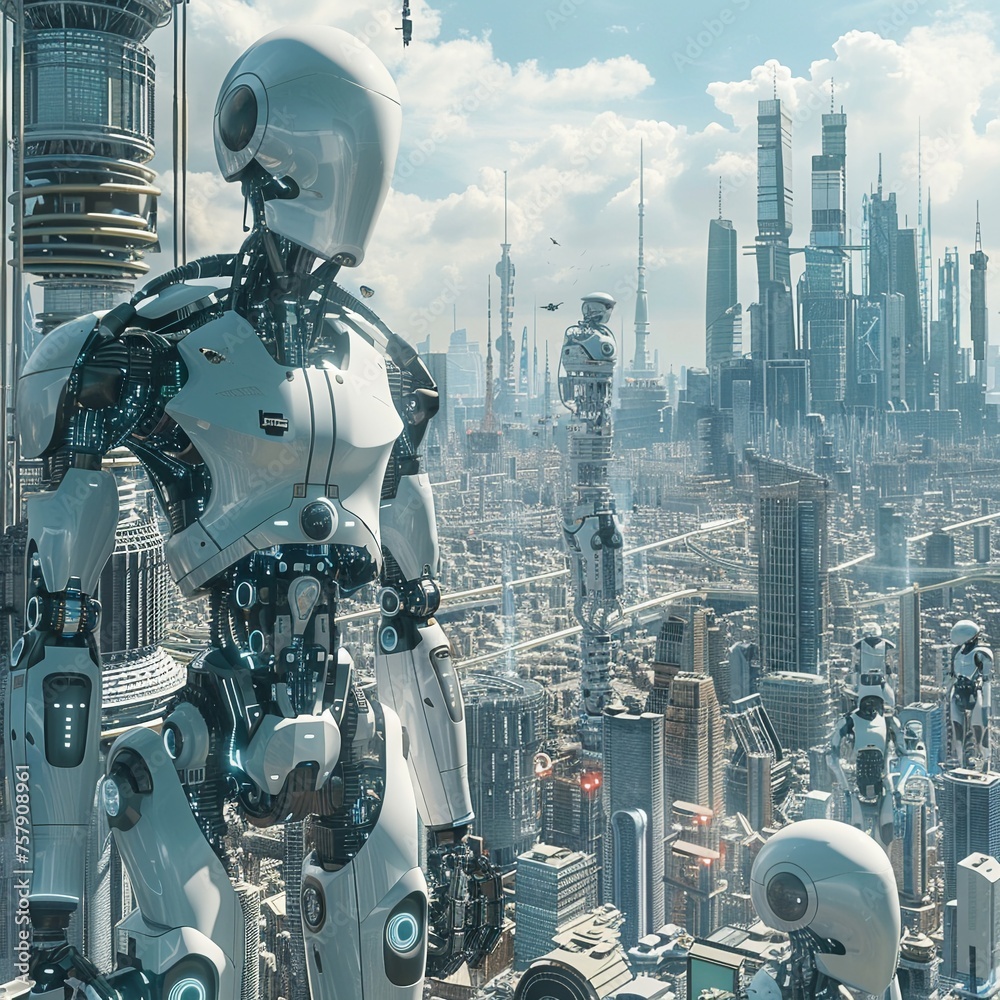 A futuristic cityscape populated by robotic inhabitants A futuristic cityscape populated by robotic inhabitants