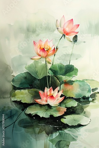 Watercolor lotus flowers painting, Generative AI © Pinevilla