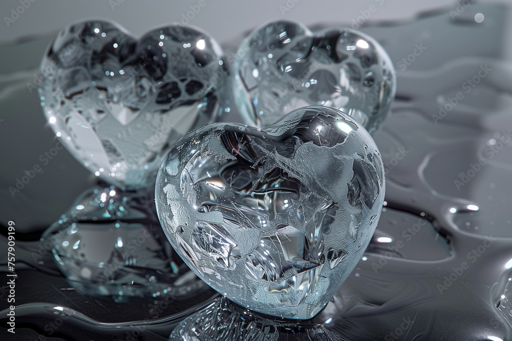 Crystal glass hearts on reflective surface. Three reflective crystal glass hearts on a sleek mirrored surface, showcasing refraction and luxury Crystal glass hearts on reflective surface. Three reflective crystal glass hearts on a sleek mirrored surface, showcasing refraction and luxury