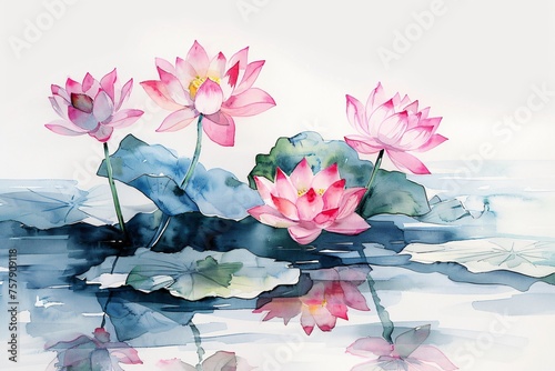 Watercolor lotus flowers painting, Generative AI #757909118