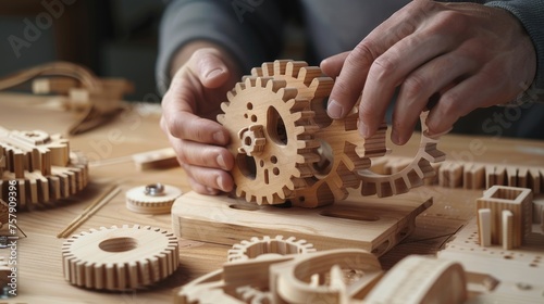  Hands demonstrating the smooth operation of a wooden gear mechanism