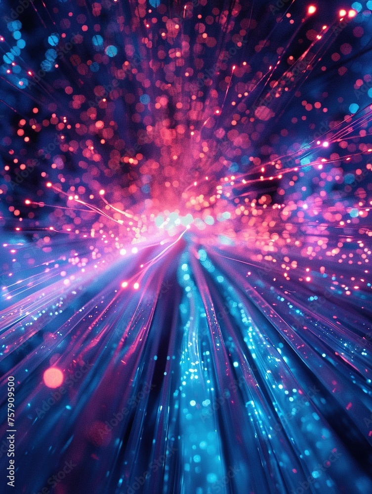 Obraz premium Techno Network: Neon Waves and Bokeh Lights,Futuristic Data Flux: Neon Wave Dynamics