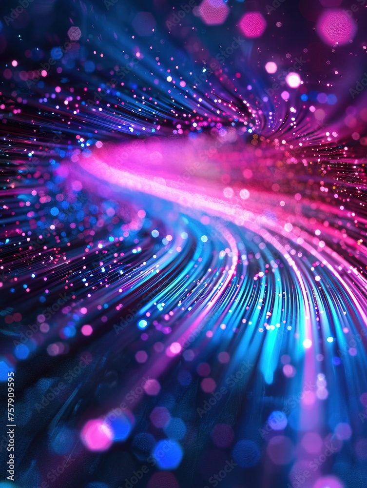 Naklejka premium Techno Network: Neon Waves and Bokeh Lights,Futuristic Data Flux: Neon Wave Dynamics