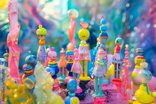 Design a vibrant and imaginative scene of lead dolls in a colorful universe