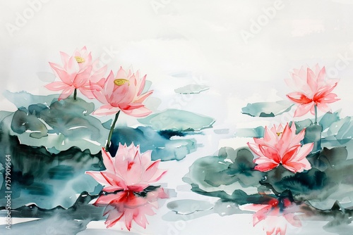 Watercolor lotus flowers painting, Generative AI © Pinevilla