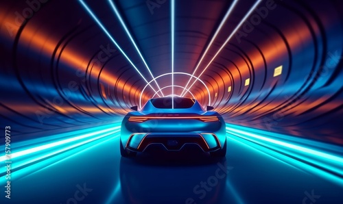 car of the future rides on the road in the tunnel, eco clean environment without harmful waste, neon light at night in the tunnel. illustration, Generative AI 
