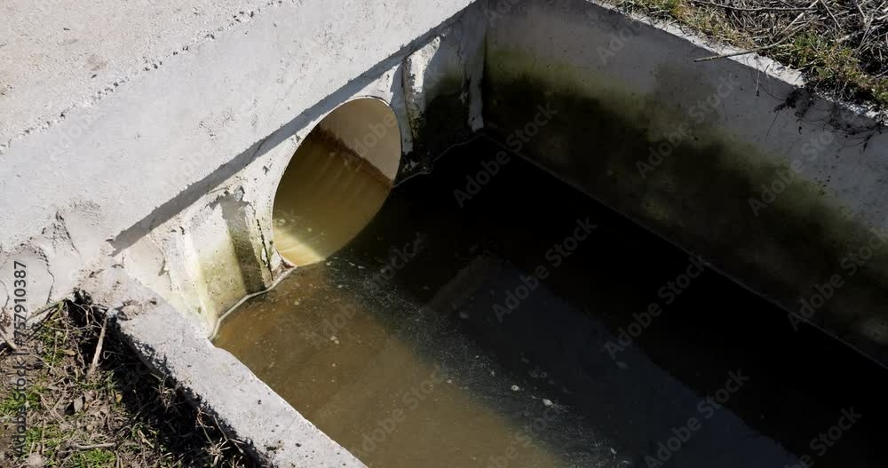 Sewage flows from a large pipe into a pond. Dirty water flows into the lake. Sewage flows from a large pipe into a pond. Dirty water flows into the lake.