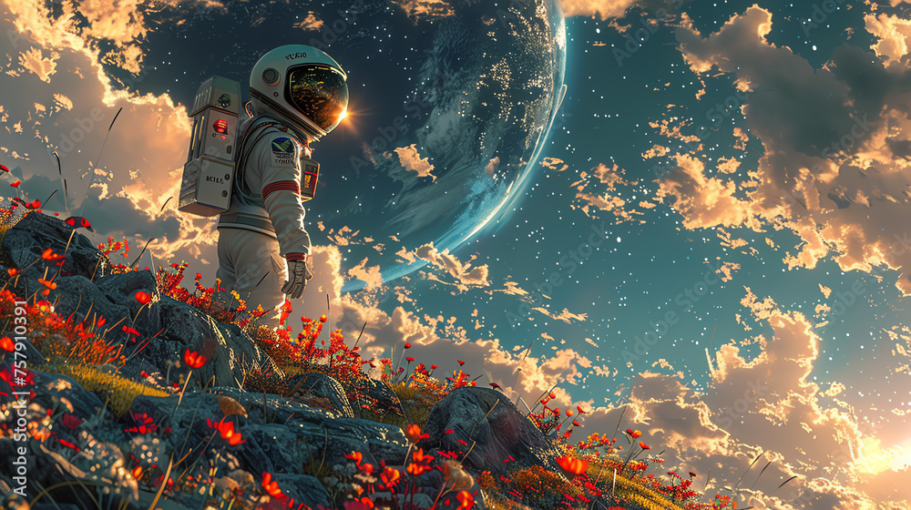 Astronaut auf Blumenwiese - obrazy, fototapety, plakaty 