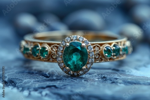 Women's gold ring with emerald and gemstone