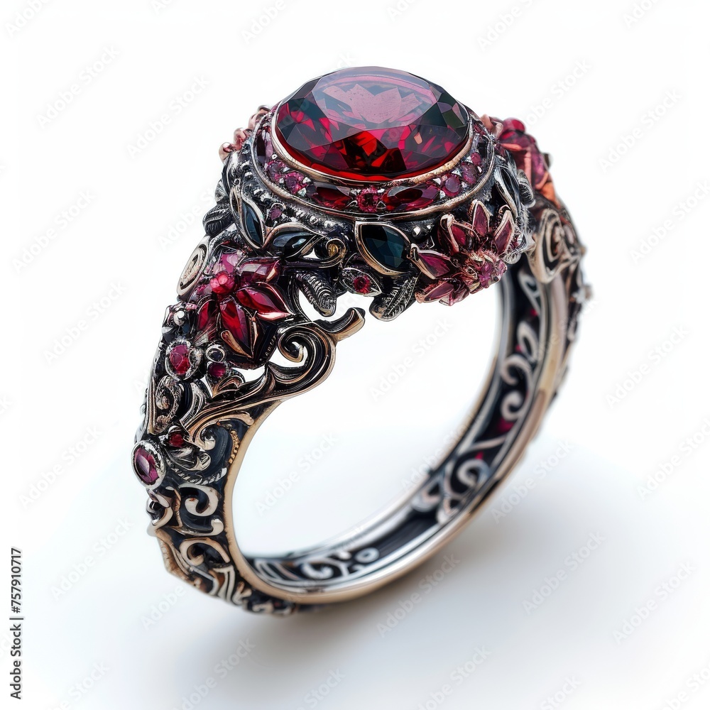 Luxurious ring with red garnet or ruby, white gold or silver Luxurious ring with red garnet or ruby, white gold or silver