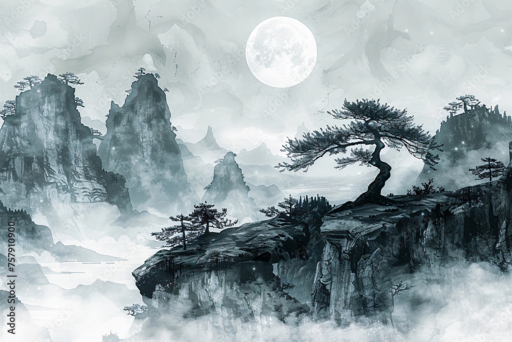 Chinese mountain ink painting, Generative AI	