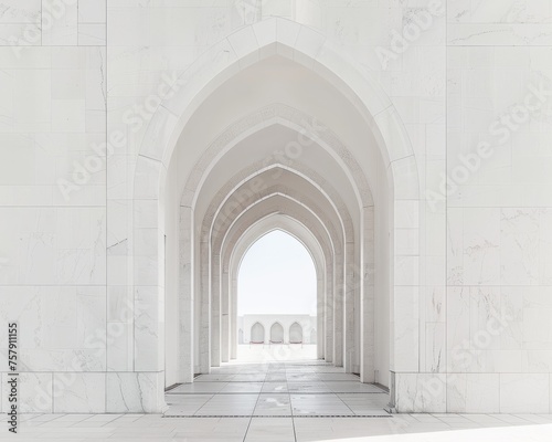 White marble arch at the entrance of a minimalist cathedral walkway poles guiding
