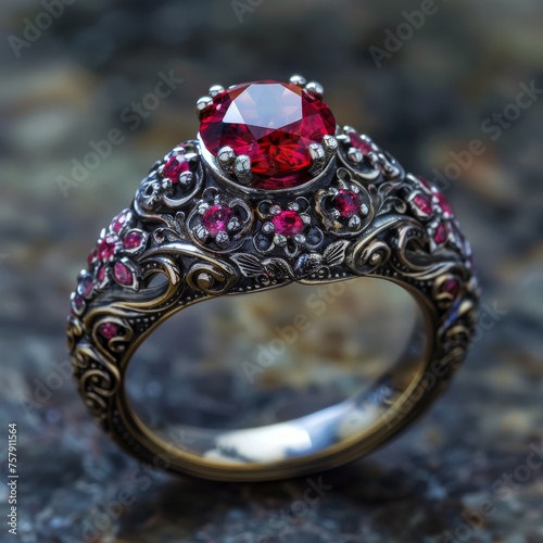 Carved silver ring with red garnets or rubies.