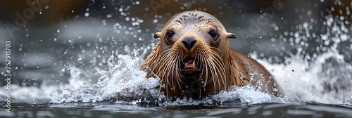 Adult male Steller sea lion Eumetopias jubatus,
Close up of sea otter swimming in body of water with it's head above the water's surface photo