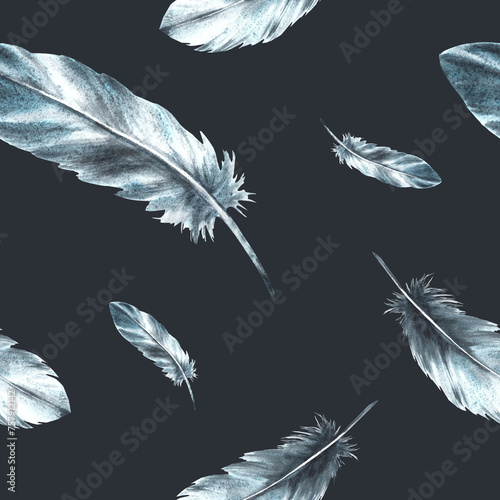 Watercolor seamless pattern with monochrome bird feathers grey black color with granulation of shades, ornaments. Quills wings drawing illustration. Wallpaper wrapping fabric Isolated dark background