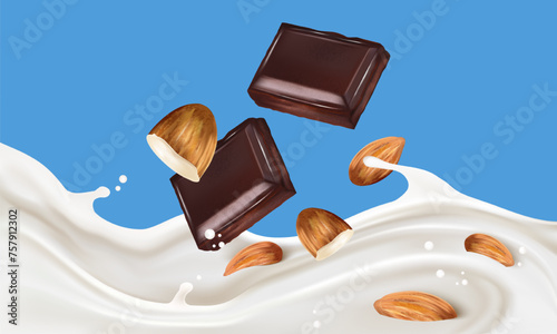 Soy milk with chocolate and almonds splashing isolated on solid color background. Realistic vector in 3D elements. Food concept.