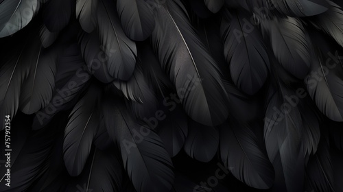 Bright colorful pattern, texture of black feathers. A beautiful abstraction of colorful feathers. © Cherkasova Alie
