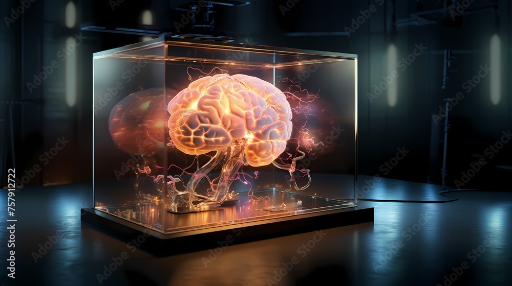 Ein Gehirn mit Kabeln und Drähten in einem Glaskasten. - obrazy, fototapety, plakaty 