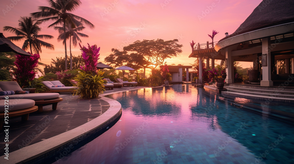 villa, blue pool, watermelon, birds of paradise, purple orange sky created with Generative Ai