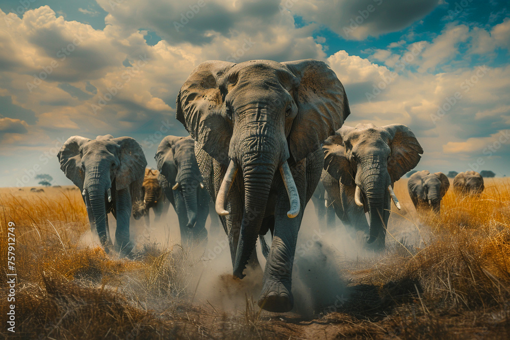 Elefanten in der Wildnis - Herde von vorn  - obrazy, fototapety, plakaty 