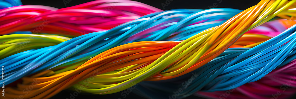 Abstract composition of colorful electric cables arranged in geometric patterns against a black background.