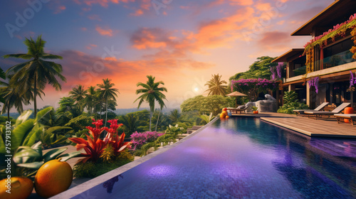 villa, blue pool, watermelon, birds of paradise, purple orange sky created with Generative Ai