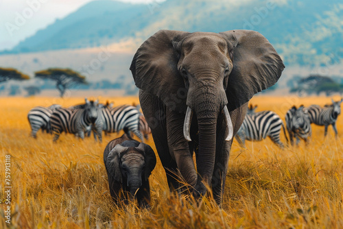 Elefanten in der Wildnis - Mutter und Kind vor Zebraherde photo