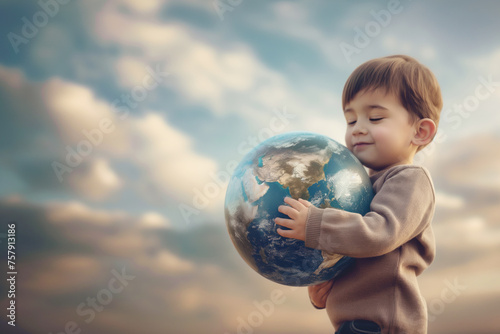 Fototapeta Naklejka Na Ścianę i Meble -  Cute kid close up holding planet