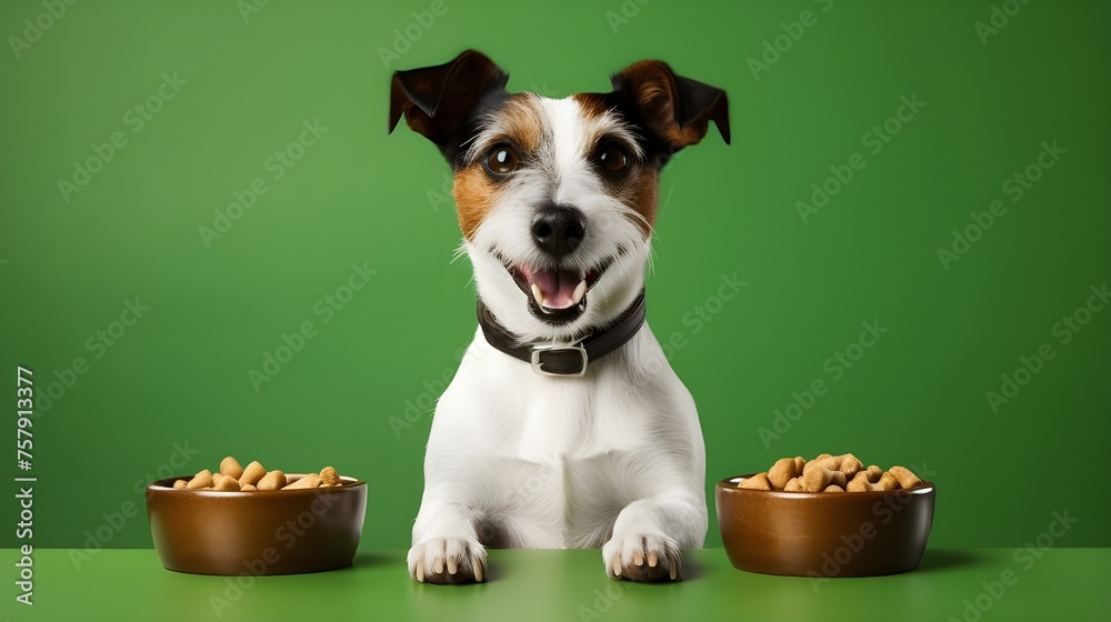 Hungry Jack Russell dog eating from food bowl isolated on wood background
