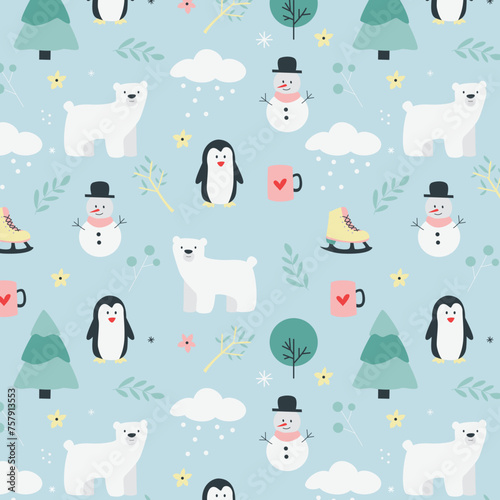 Cute winter seamless pattern with polar bear, penguin doodles with abstract elements around in Scandinavian style vector illustration.