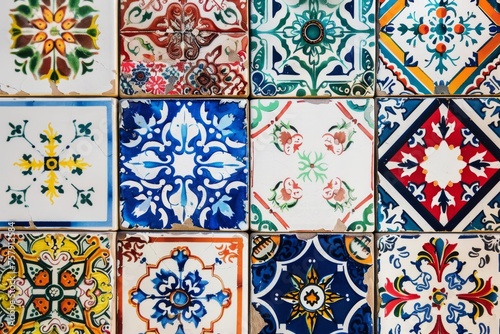 Traditional ceramic tile patterns from Portugal. Vibrant and colorful mosaic of traditional Portuguese ceramic tiles with intricate floral and geometric patterns