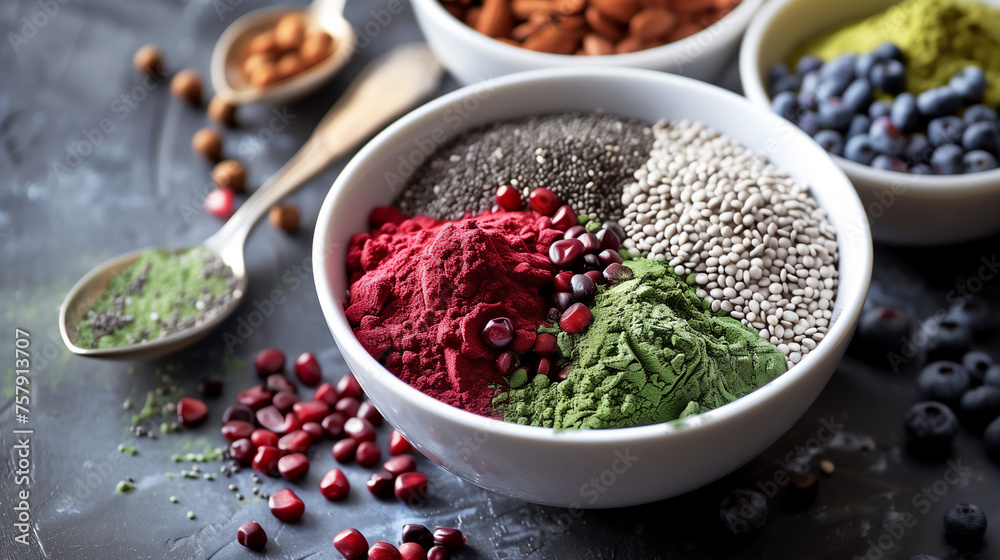 Bowls of colorful superfood powders and seeds, rich in nutrients, surrounded by almonds and fresh blueberries for a health-boosting meal Bowls of colorful superfood powders and seeds, rich in nutrients, surrounded by almonds and fresh blueberries for a health-boosting meal