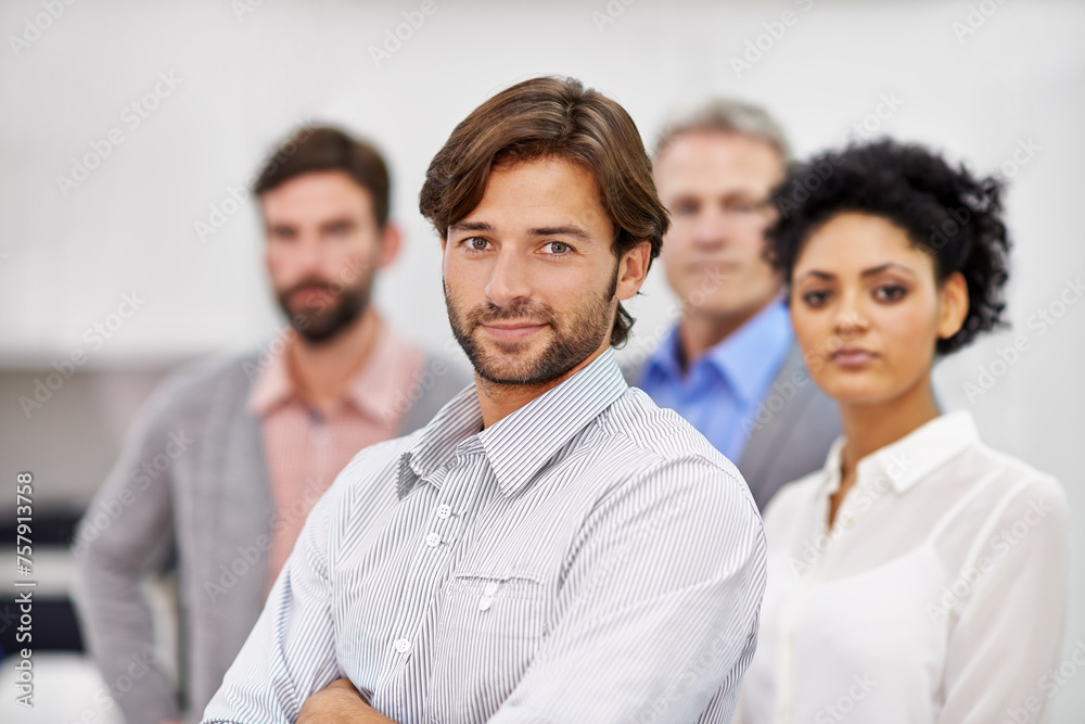 Happy, confident or businessman in portrait with arms crossed or commitment at work. Accounting, company or smile face for teamwork for support, solidarity or together with career pride in workplace Happy, confident or businessman in portrait with arms crossed or commitment at work. Accounting, company or smile face for teamwork for support, solidarity or together with career pride in workplace