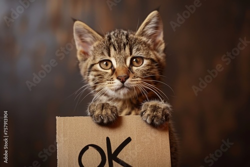 cat holds sign with inscription ok ,agreement concept