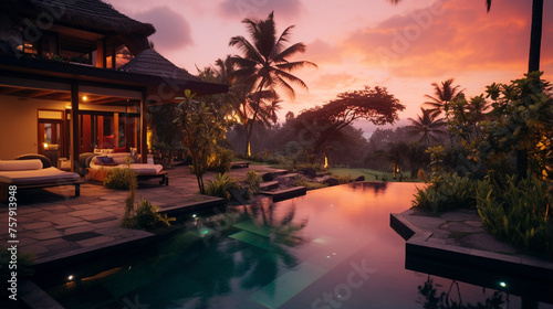 villa, blue pool, watermelon, birds of paradise, purple orange sky created with Generative Ai © Maria
