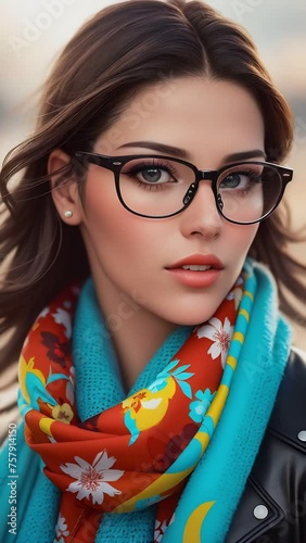 Fashionable young woman with stylish clear vision glasses and a vibrant, floral-patterned silk scarf, embodying modern chic.