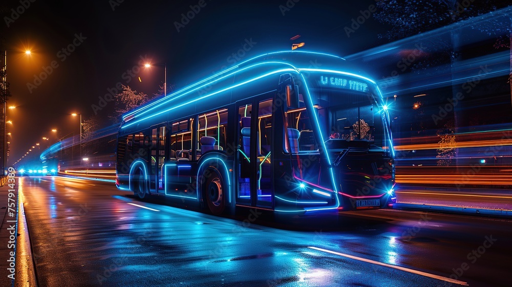 A futuristic electric bus with blue neon lights on a highway at night