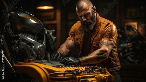 Mechanic carefully inspecting engine oil level on a vehicle for maintenance check