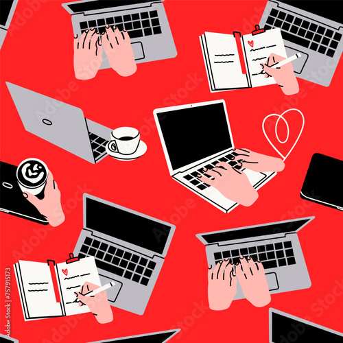 Human hands typing on laptop keyboard, hand writing in notebook. Laptops with hands, coffee cup. Computing, working online, freelancing, education concept. Hand drawn Vector seamless Pattern