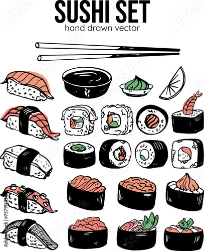 Hand drawn vector set of sushi rolls maki nigiri gunkan Japanese food isolated on white background