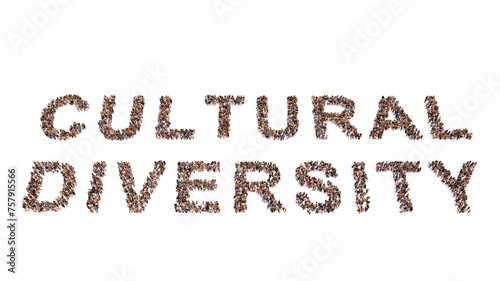 Concept conceptual large community of people forming CULTURAL DIVERSITY message. 3d illustration metaphor to multicultural, multiethnic, educatiom, community, teamwork, friendship, inclusion, respect