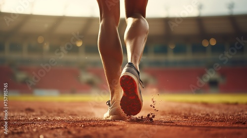 Stadium, rubber track. athletics competitions. Track and field runner in sport uniform at starting position. athlete, back view, close up.