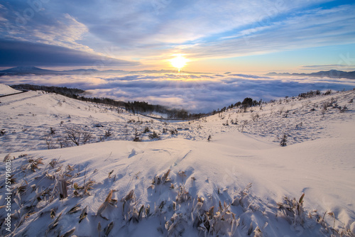雪に覆われた山の斜面と眼下の雲海の雄大な冬景色。雲の空の朝陽。北海道の美幌峠の朝。 © Masa Tsuchiya