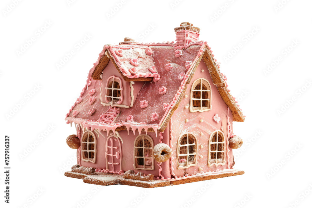Pink Gingerbread House on transparent background,