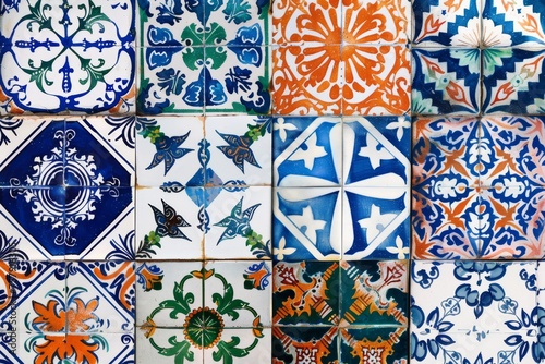 Traditional ceramic tile patterns from Portugal. Vibrant and colorful mosaic of traditional Portuguese ceramic tiles with intricate floral and geometric patterns