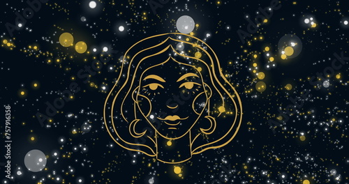 Image of woman's face representing virgo zodiac sign against floating illuminated lens flares