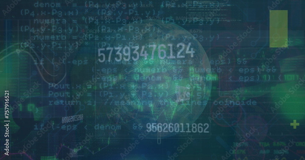 Image of data, globe, numbers and graphs on navy background Image of data, globe, numbers and graphs on navy background